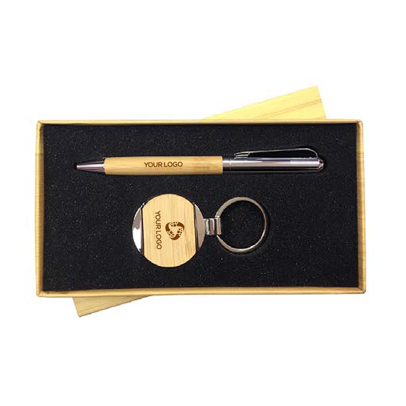 Premium Wooden Gift Set with Bamboo Pen and Metal Keychain